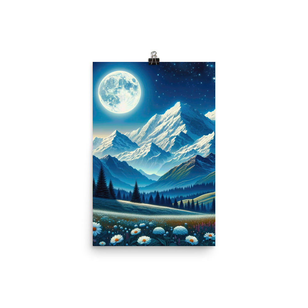 Klare frühlingshafte Alpennacht mit Blumen und Vollmond über Schneegipfeln - Poster berge xxx yyy zzz 30.5 x 45.7 cm
