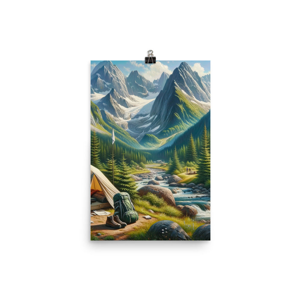 Ölgemälde der Alpensommerlandschaft mit Zelt, Gipfeln, Wäldern und Bächen - Poster camping xxx yyy zzz 30.5 x 45.7 cm