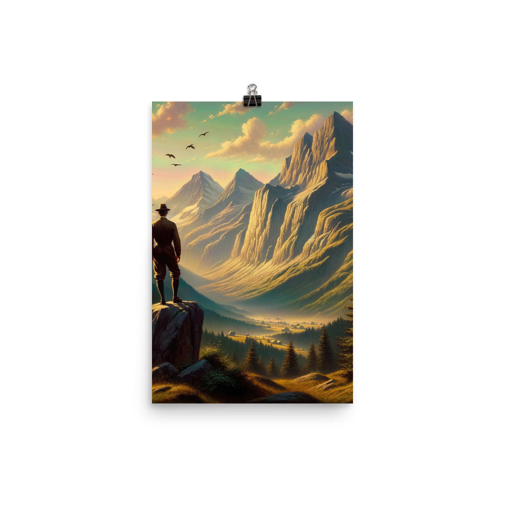 Ölgemälde eines Schweizer Wanderers in den Alpen bei goldenem Sonnenlicht - Poster wandern xxx yyy zzz 30.5 x 45.7 cm