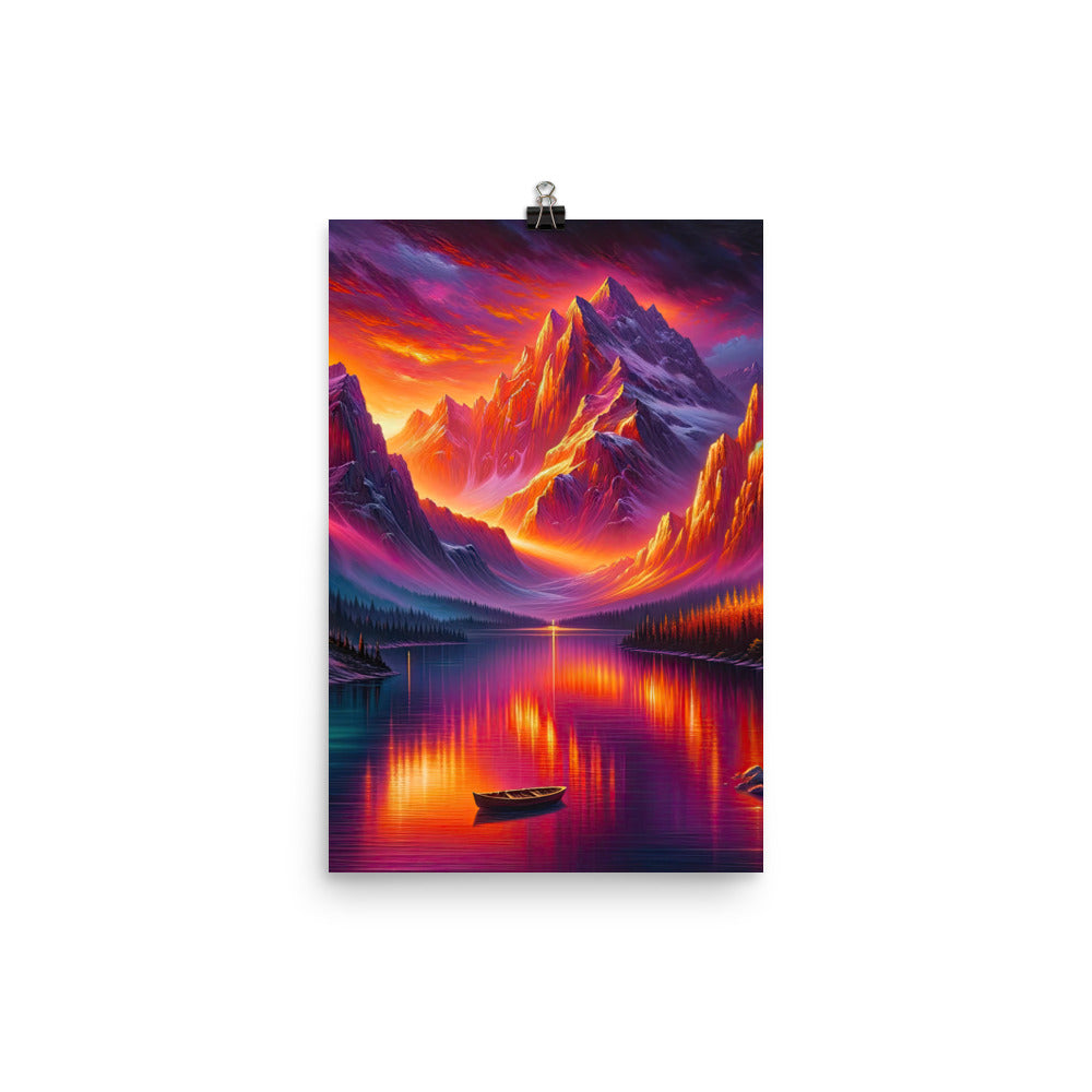 Ölgemälde eines Bootes auf einem Bergsee bei Sonnenuntergang, lebendige Orange-Lila Töne - Poster berge xxx yyy zzz 30.5 x 45.7 cm