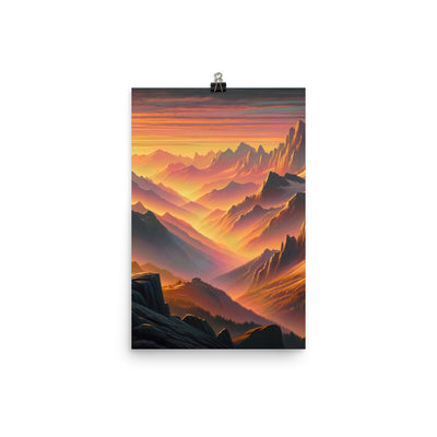 Ölgemälde der Alpen in der goldenen Stunde mit Wanderer, Orange-Rosa Bergpanorama - Poster wandern xxx yyy zzz 30.5 x 45.7 cm