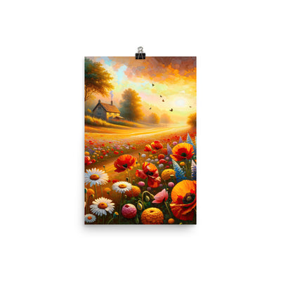 Ölgemälde eines Blumenfeldes im Sonnenuntergang, leuchtende Farbpalette - Poster camping xxx yyy zzz 30.5 x 45.7 cm