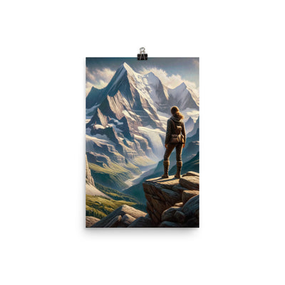 Ölgemälde der Alpengipfel mit Schweizer Abenteurerin auf Felsvorsprung - Poster wandern xxx yyy zzz 30.5 x 45.7 cm