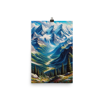 Panorama-Ölgemälde der Alpen mit schneebedeckten Gipfeln und schlängelnden Flusstälern - Poster berge xxx yyy zzz 30.5 x 45.7 cm