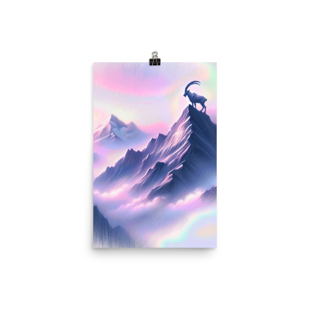 Pastellzeichnung der Alpen im Morgengrauen mit Steinbock in Rosa- und Lavendeltönen - Poster berge xxx yyy zzz 30.5 x 45.7 cm