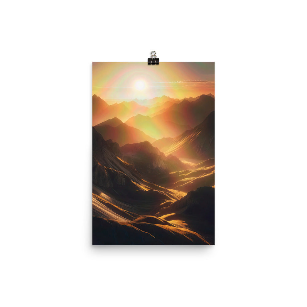 Foto der goldenen Stunde in den Bergen mit warmem Schein über zerklüftetem Gelände - Poster berge xxx yyy zzz 30.5 x 45.7 cm