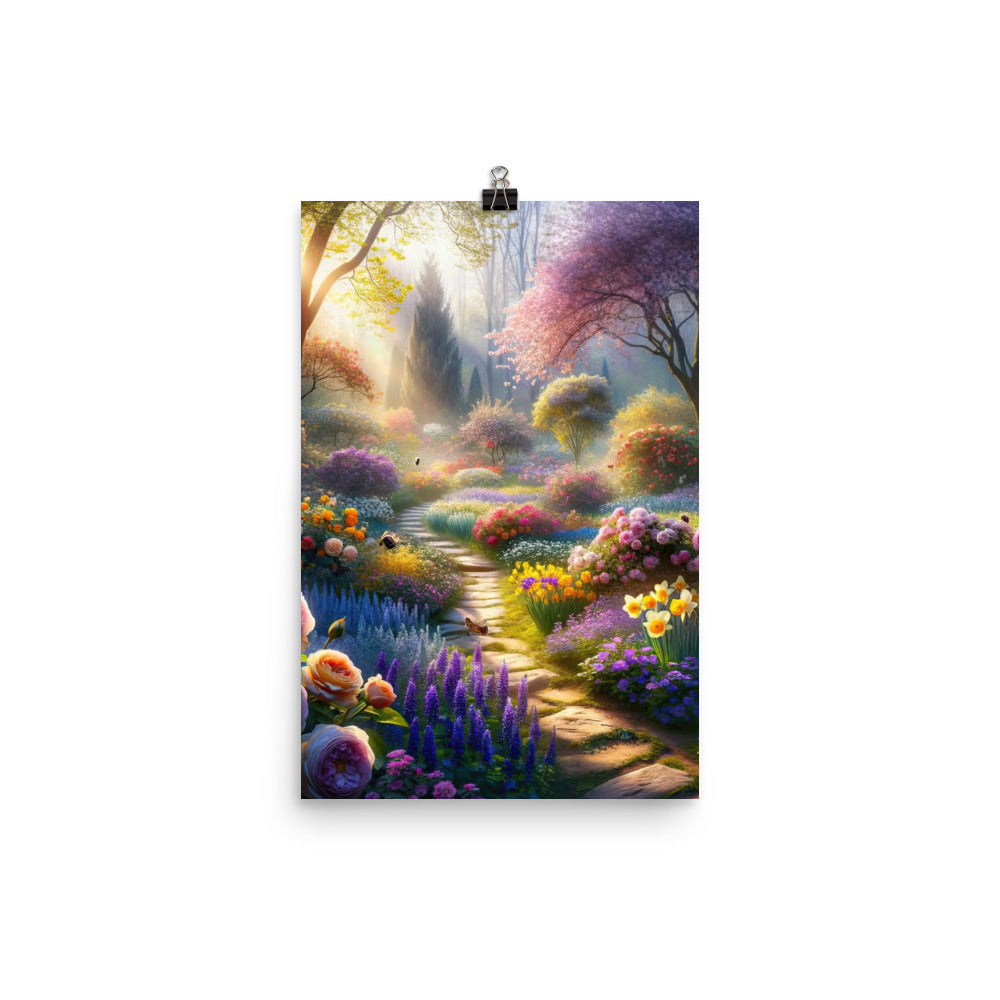 Foto einer Gartenszene im Frühling mit Weg durch blühende Rosen und Veilchen - Poster camping xxx yyy zzz 30.5 x 45.7 cm