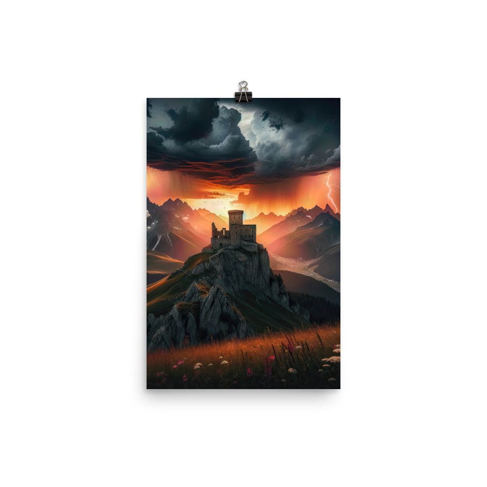 Foto einer Alpenburg bei stürmischem Sonnenuntergang, dramatische Wolken und Sonnenstrahlen - Poster berge xxx yyy zzz 30.5 x 45.7 cm
