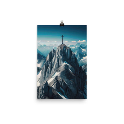 Foto der Alpen mit Gipfelkreuz an einem klaren Tag, schneebedeckte Spitzen vor blauem Himmel - Poster berge xxx yyy zzz 30.5 x 45.7 cm