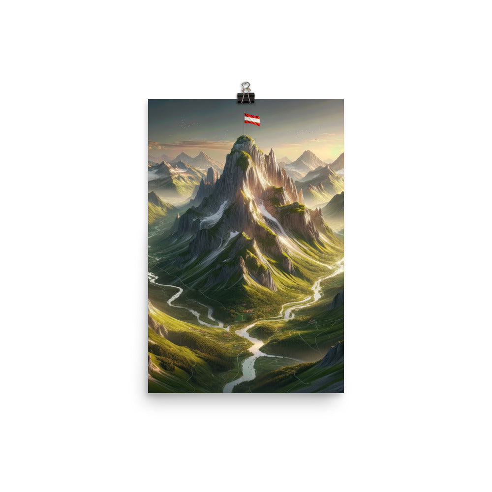 Fotorealistisches Bild der Alpen mit österreichischer Flagge, scharfen Gipfeln und grünen Tälern - Poster berge xxx yyy zzz 30.5 x 45.7 cm