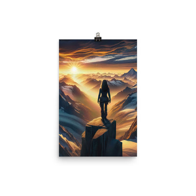 Fotorealistische Darstellung der Alpen bei Sonnenaufgang, Wanderin unter einem gold-purpurnen Himmel - Poster wandern xxx yyy zzz 30.5 x 45.7 cm