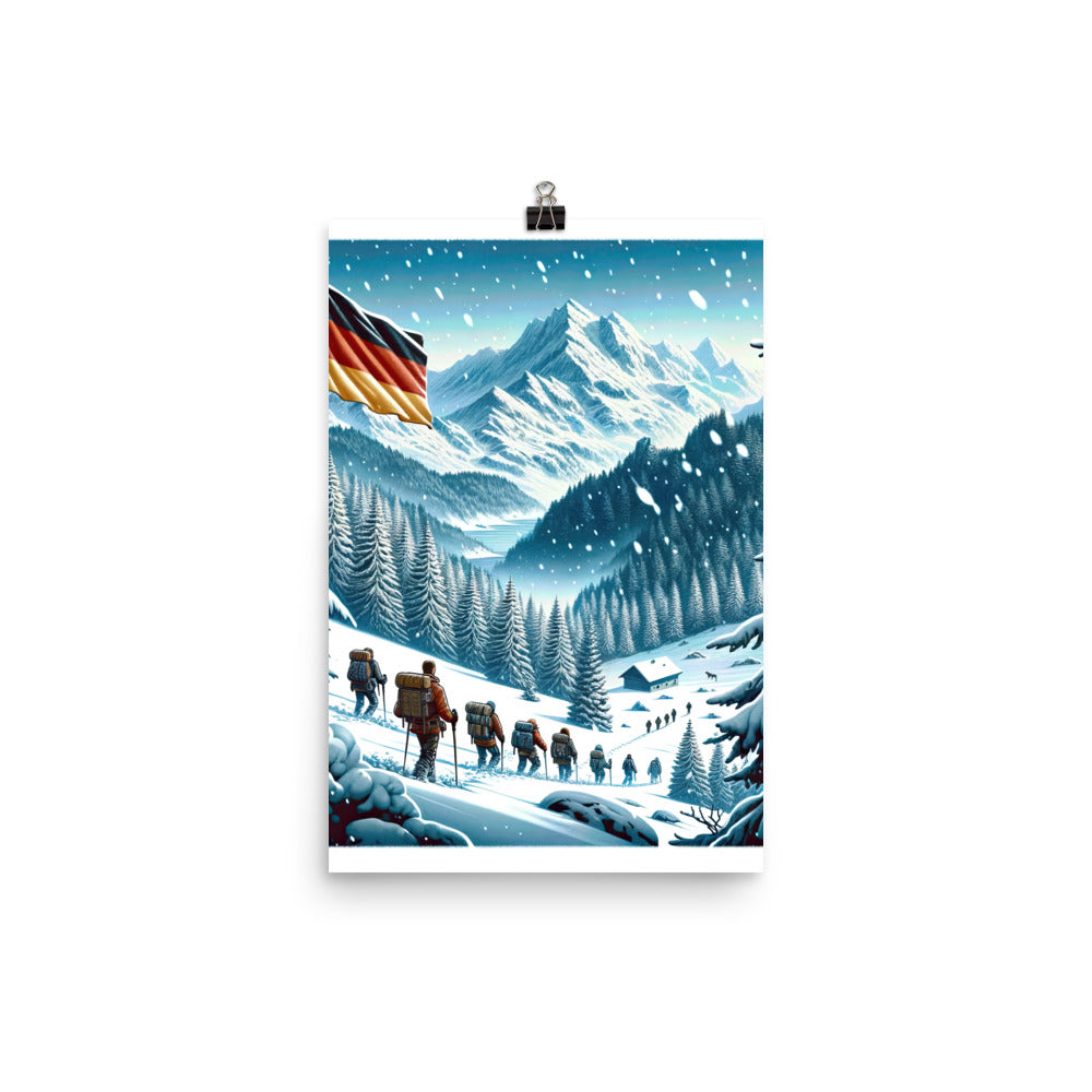 Quadratische Winterillustration der Alpen mit deutscher Flagge und Wanderteam - Poster wandern xxx yyy zzz 30.5 x 45.7 cm