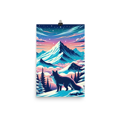 Vektorgrafik eines alpinen Winterwunderlandes mit schneebedeckten Kiefern und einem Fuchs - Poster camping xxx yyy zzz 30.5 x 45.7 cm