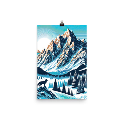 Vektorgrafik eines Wolfes im winterlichen Alpenmorgen, Berge mit Schnee- und Felsmustern - Poster berge xxx yyy zzz 30.5 x 45.7 cm