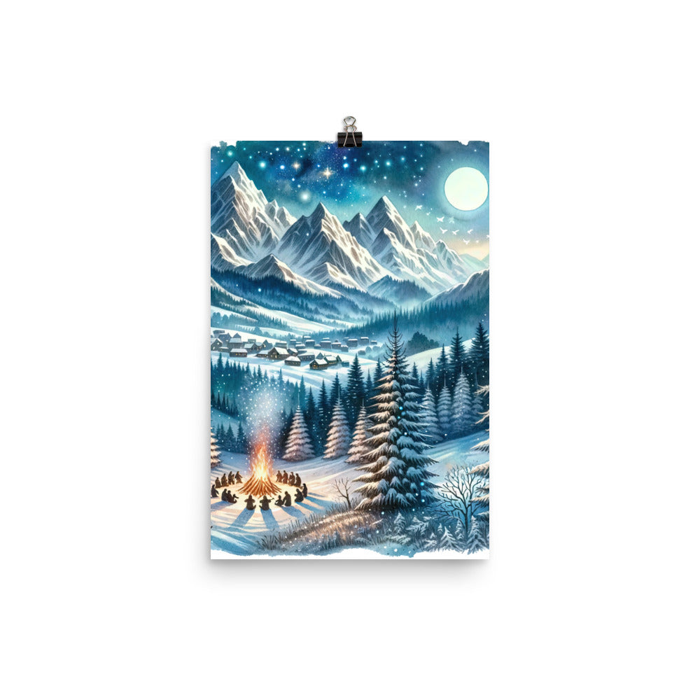 Aquarell eines Winterabends in den Alpen mit Lagerfeuer und Wanderern, glitzernder Neuschnee - Poster camping xxx yyy zzz 30.5 x 45.7 cm