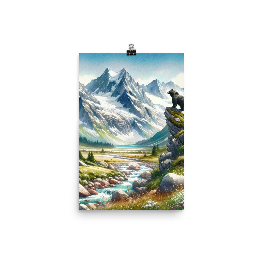 Aquarellmalerei eines Bären und der sommerlichen Alpenschönheit mit schneebedeckten Ketten - Poster camping xxx yyy zzz 30.5 x 45.7 cm