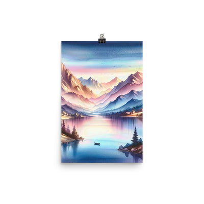 Aquarell einer Dämmerung in den Alpen, Boot auf einem See in Pastell-Licht - Poster berge xxx yyy zzz 30.5 x 45.7 cm