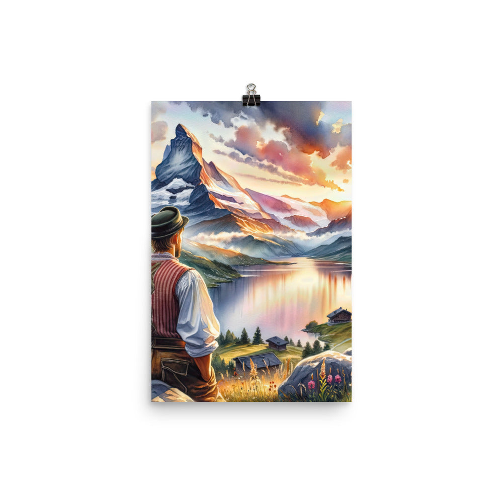 Aquarell einer Berglandschaft in der goldenen Stunde mit österreichischem Wanderer - Poster wandern xxx yyy zzz 30.5 x 45.7 cm