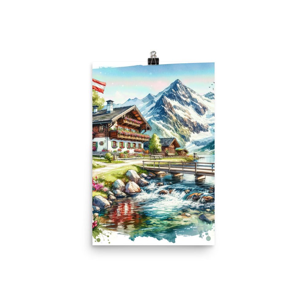 Aquarell der frühlingshaften Alpenkette mit österreichischer Flagge und schmelzendem Schnee - Poster berge xxx yyy zzz 30.5 x 45.7 cm