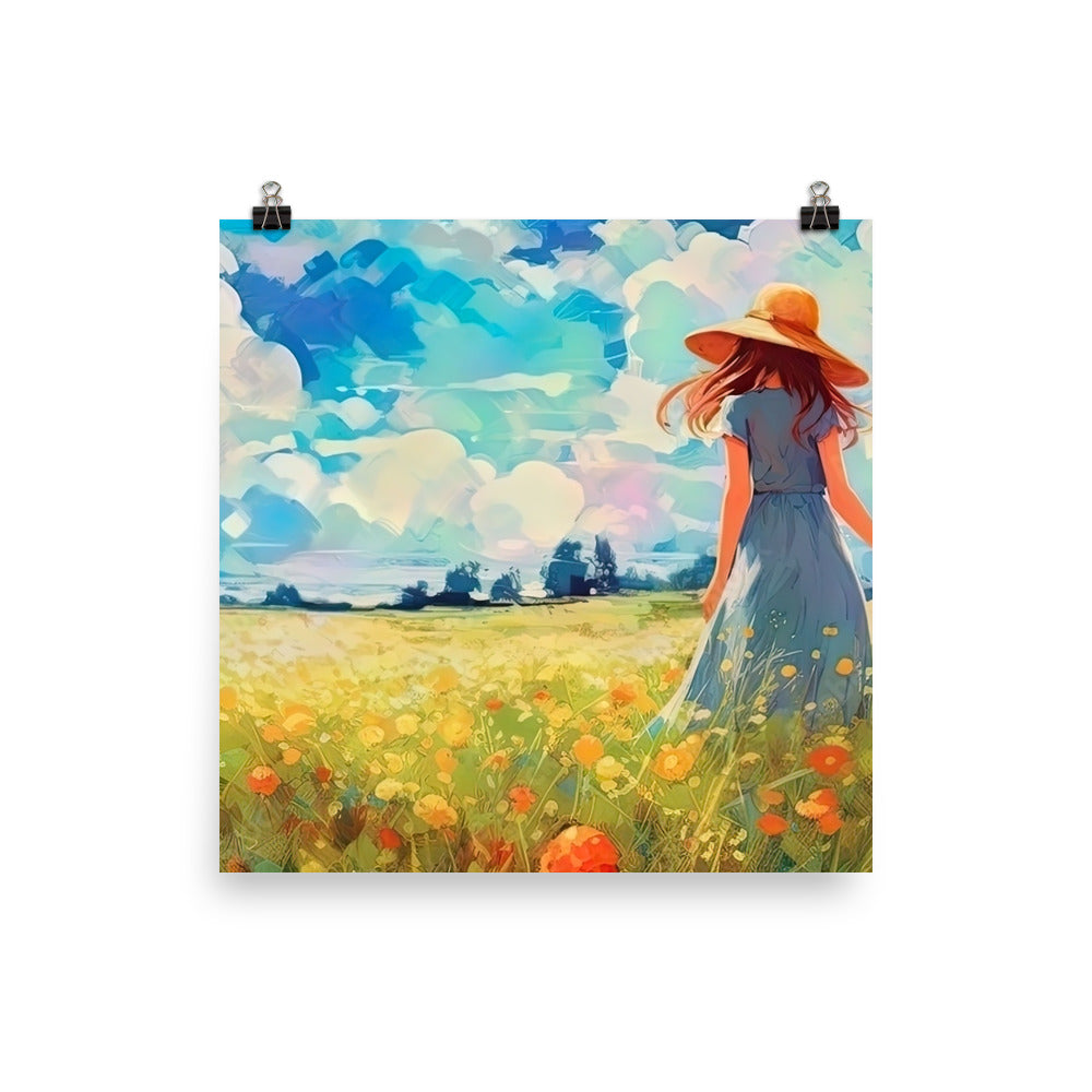 Dame mit Hut im Feld mit Blumen - Landschaftsmalerei - Poster camping xxx 35.6 x 35.6 cm