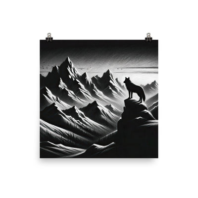 Kohlezeichnung, die die stille Stille der Alpen in der Winterdämmerung verkörpert. Wolf auf einem Berghügel (AN) - Enhanced Matte Paper xxx yyy zzz 35.6 x 35.6 cm