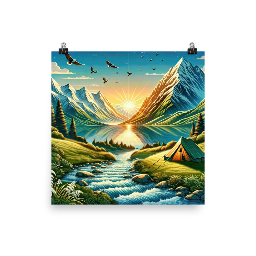 Zelt im Alpenmorgen mit goldenem Licht, Schneebergen und unberührten Seen - Poster berge xxx yyy zzz 35.6 x 35.6 cm