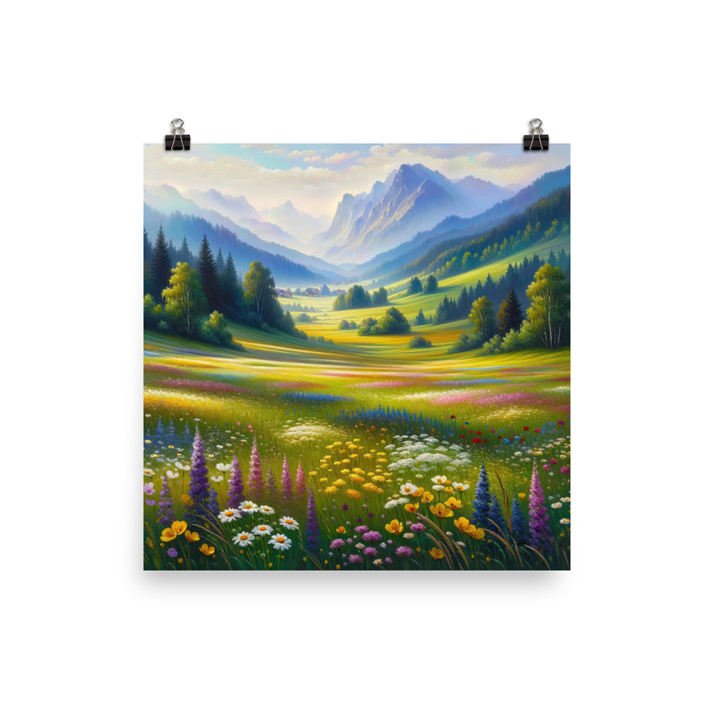 Ölgemälde einer Almwiese, Meer aus Wildblumen in Gelb- und Lilatönen - Poster berge xxx yyy zzz 35.6 x 35.6 cm