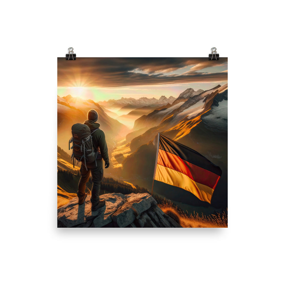 Foto der Alpen bei Sonnenuntergang mit deutscher Flagge und Wanderer, goldenes Licht auf Schneegipfeln - Enhanced Matte Paper Poster berge xxx yyy zzz 35.6 x 35.6 cm