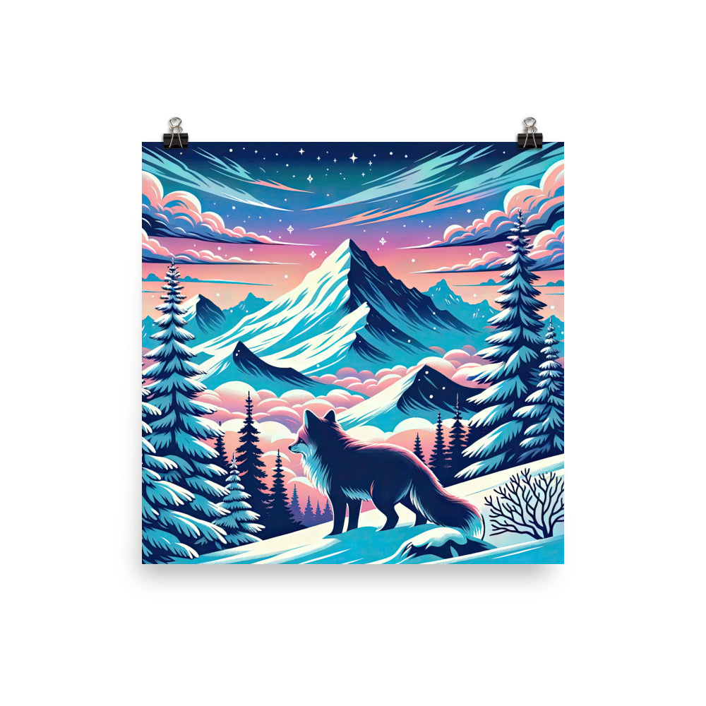 Vektorgrafik eines alpinen Winterwunderlandes mit schneebedeckten Kiefern und einem Fuchs - Poster camping xxx yyy zzz 35.6 x 35.6 cm