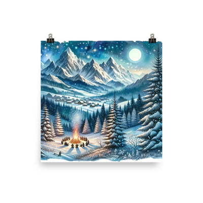 Aquarell eines Winterabends in den Alpen mit Lagerfeuer und Wanderern, glitzernder Neuschnee - Poster camping xxx yyy zzz 35.6 x 35.6 cm