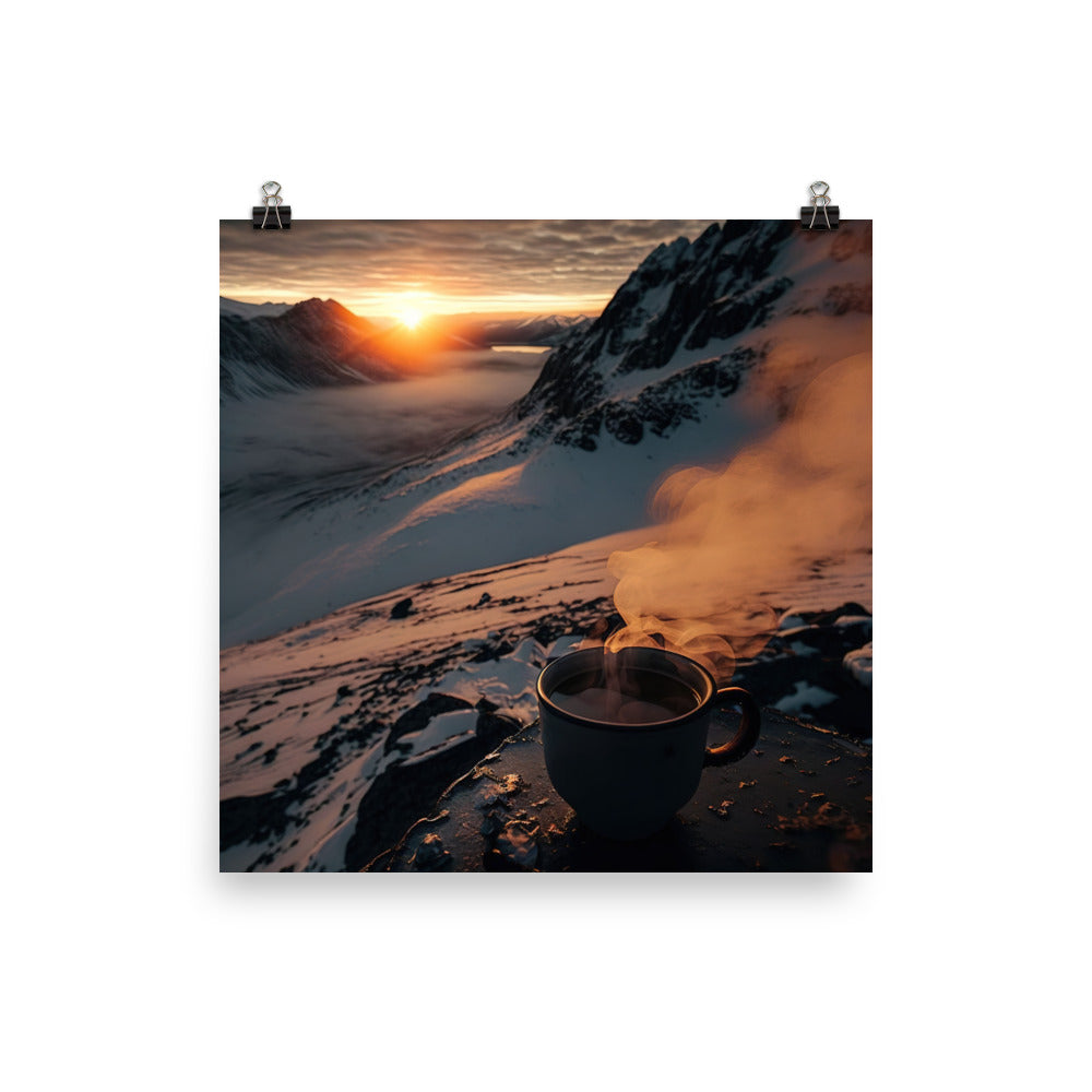 Heißer Kaffee auf einem schneebedeckten Berg - Poster berge xxx 40.6 x 40.6 cm