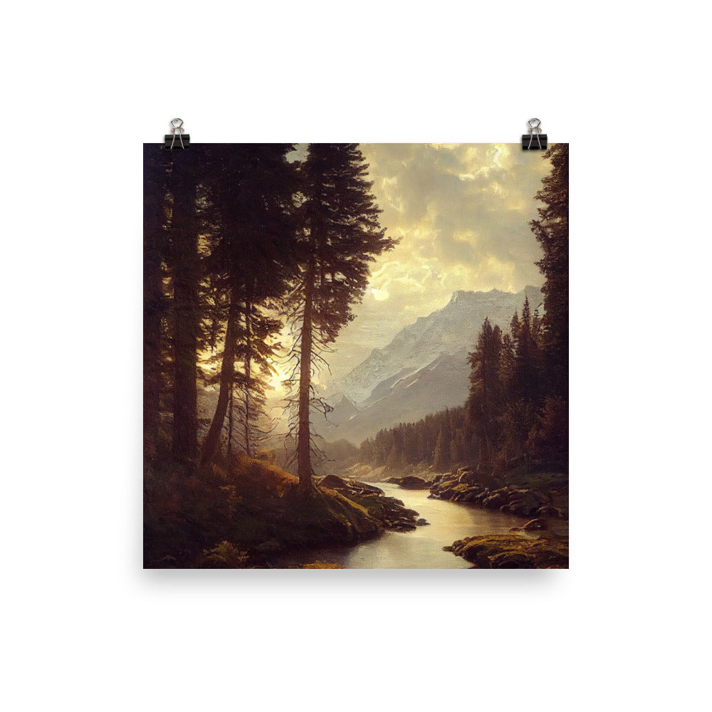 Landschaft mit Bergen, Fluss und Bäumen - Malerei - Poster berge xxx 40.6 x 40.6 cm