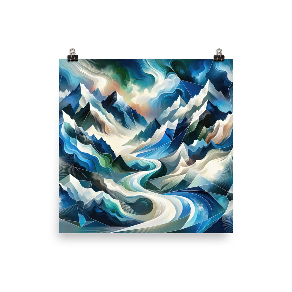 Abstrakte Kunst der Alpen, die geometrische Formen verbindet, um Berggipfel, Täler und Flüsse im Schnee darzustellen. . - Enhanced Matte berge xxx yyy zzz 40.6 x 40.6 cm