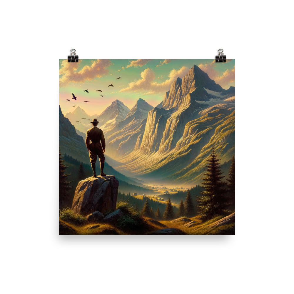 Ölgemälde eines Schweizer Wanderers in den Alpen bei goldenem Sonnenlicht - Poster wandern xxx yyy zzz 40.6 x 40.6 cm