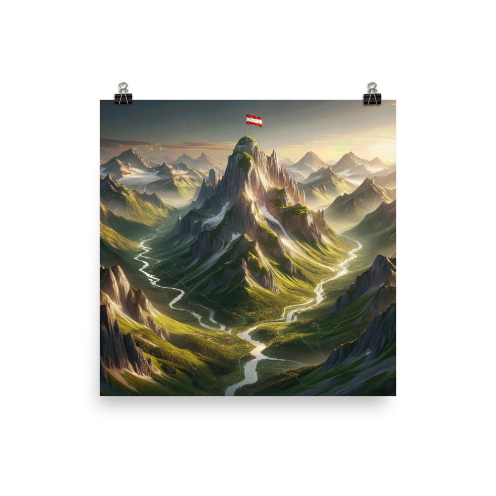 Fotorealistisches Bild der Alpen mit österreichischer Flagge, scharfen Gipfeln und grünen Tälern - Poster berge xxx yyy zzz 40.6 x 40.6 cm
