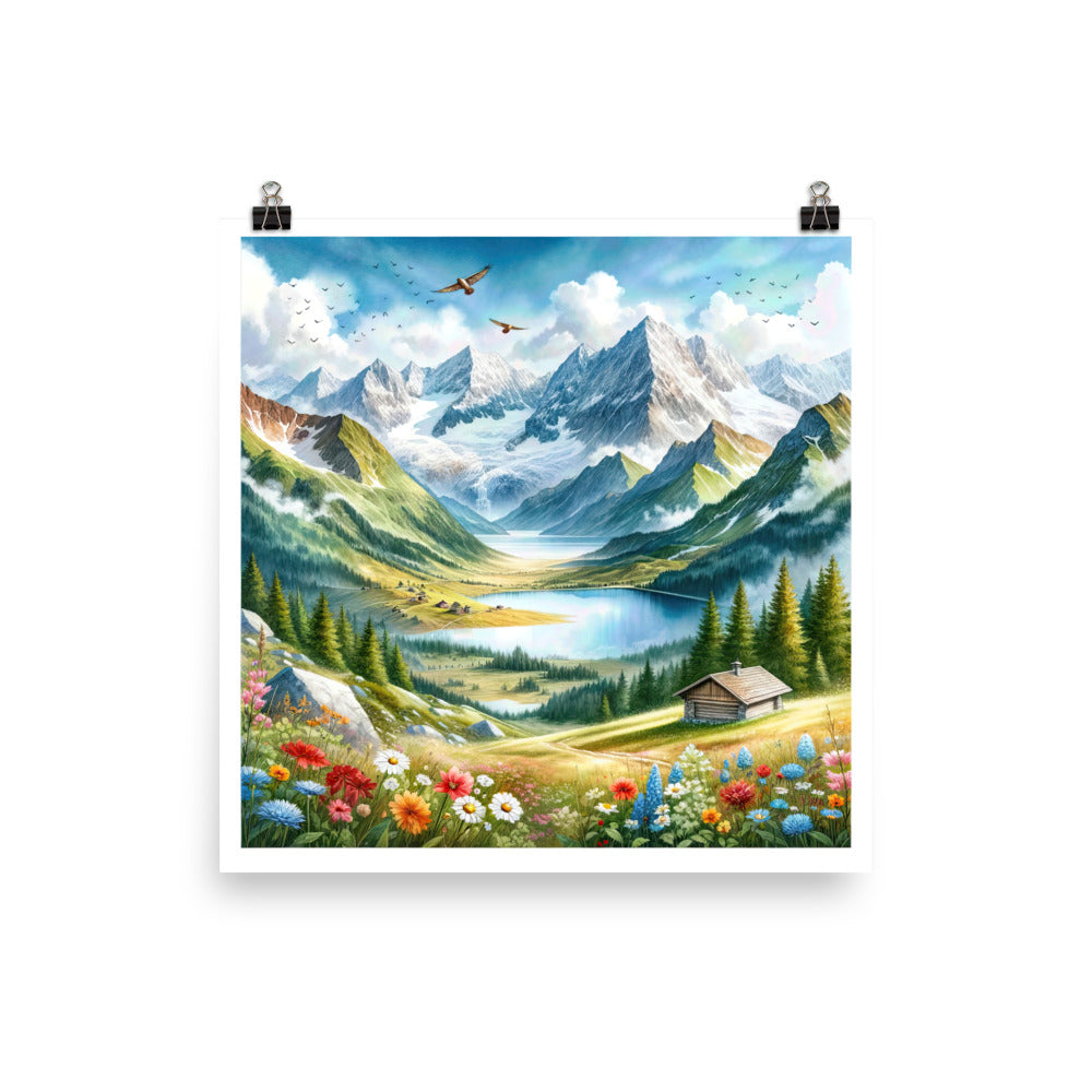 Quadratisches Aquarell der Alpen, Berge mit schneebedeckten Spitzen - Poster berge xxx yyy zzz 40.6 x 40.6 cm