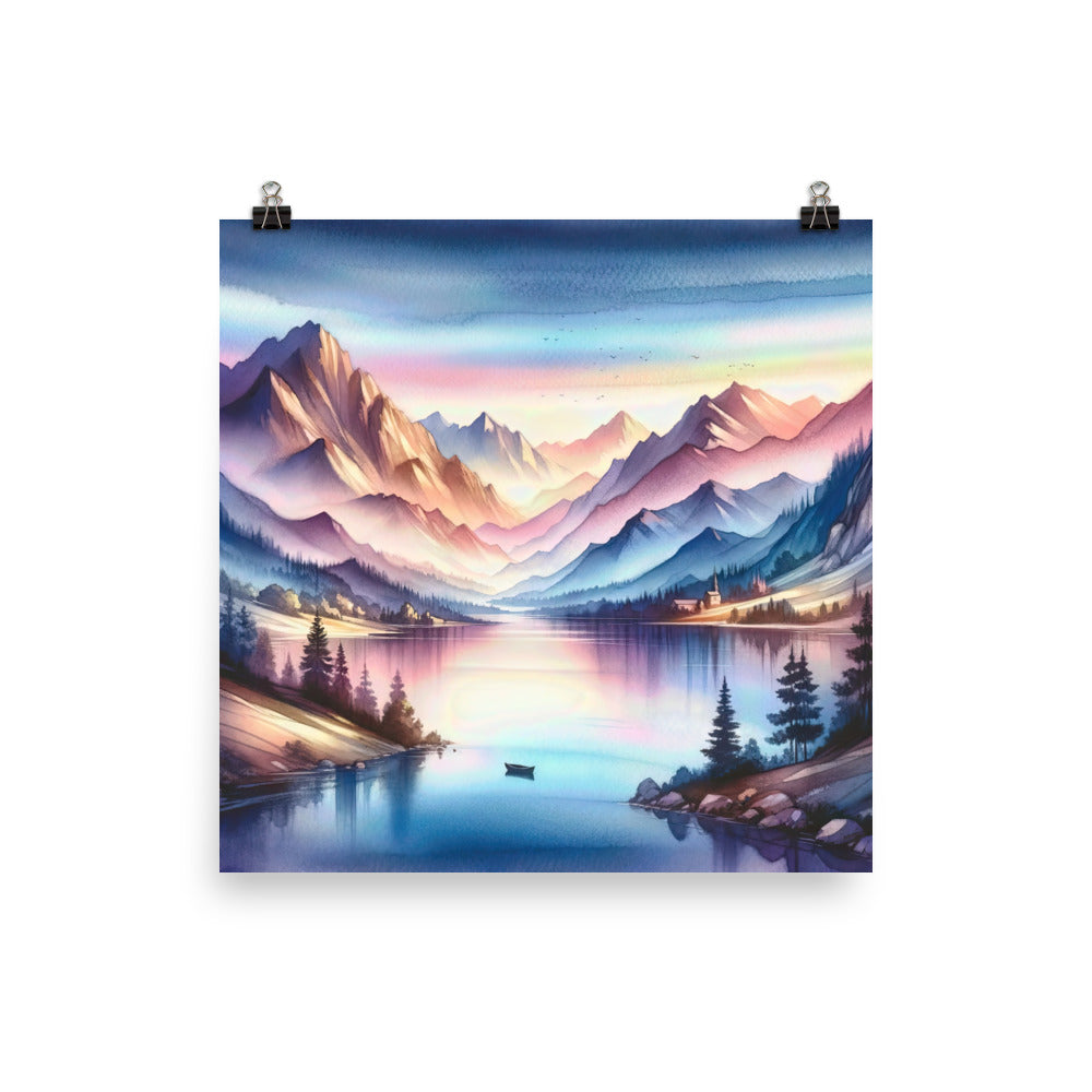 Aquarell einer Dämmerung in den Alpen, Boot auf einem See in Pastell-Licht - Poster berge xxx yyy zzz 40.6 x 40.6 cm