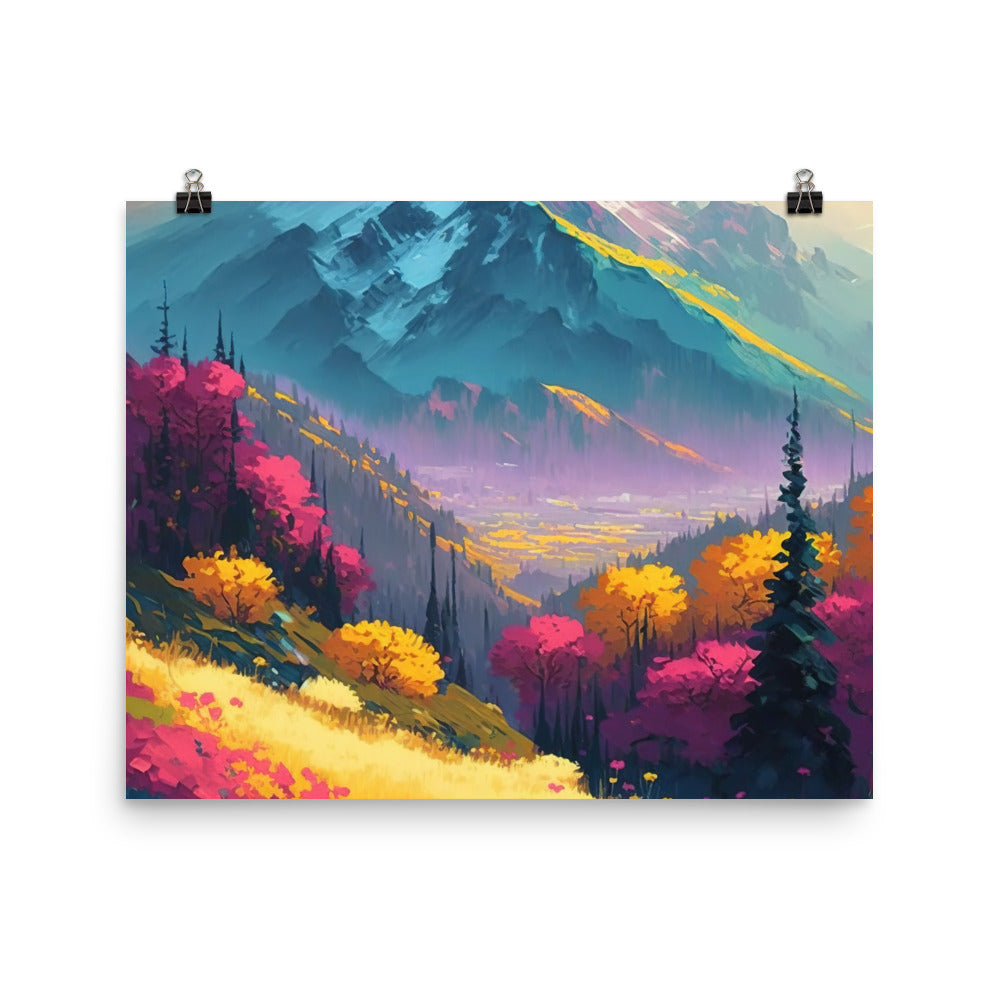 Berge, pinke und gelbe Bäume, sowie Blumen - Farbige Malerei - Poster berge xxx 40.6 x 50.8 cm