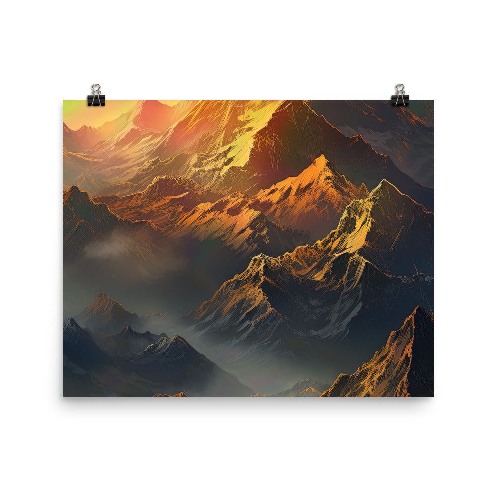 Wunderschöne Himalaya Gebirge im Nebel und Sonnenuntergang - Malerei - Poster berge xxx 40.6 x 50.8 cm
