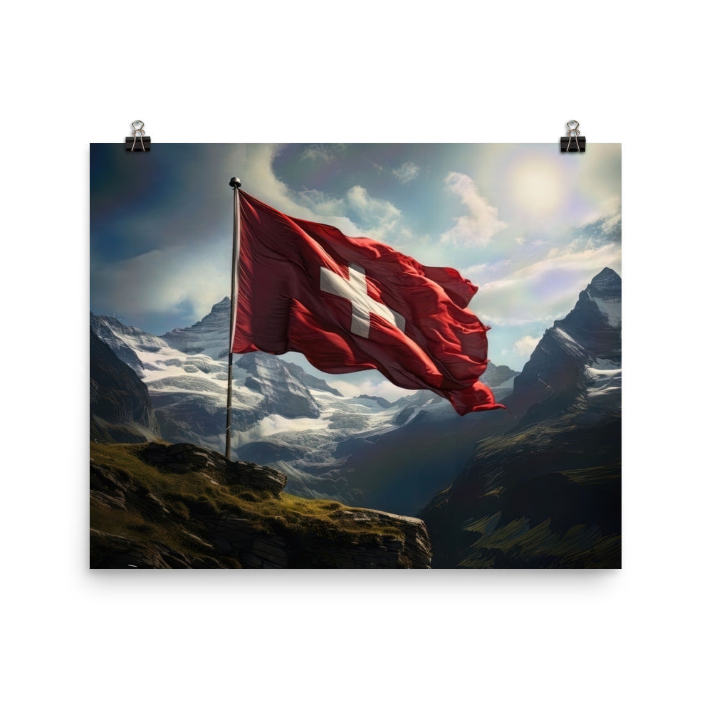 Schweizer Flagge und Berge im Hintergrund - Fotorealistische Malerei - Poster berge xxx 40.6 x 50.8 cm