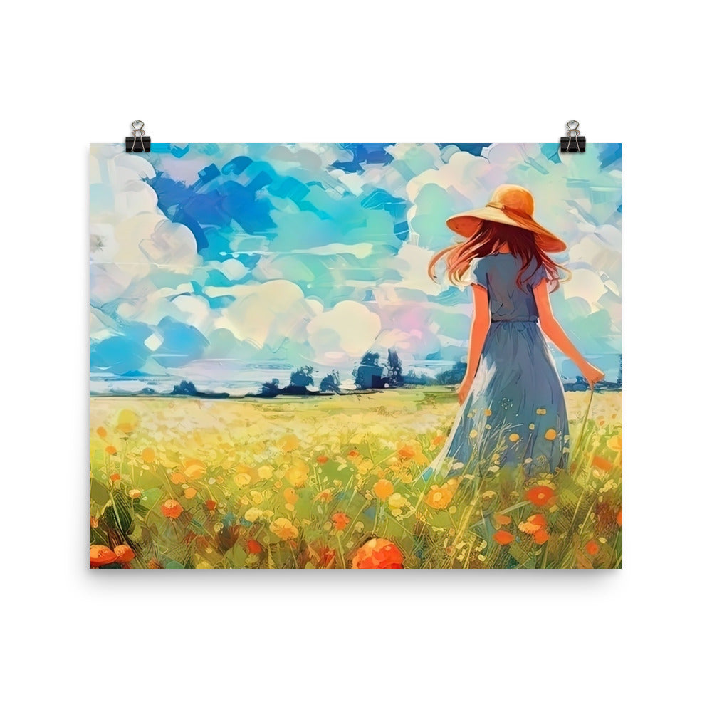 Dame mit Hut im Feld mit Blumen - Landschaftsmalerei - Poster camping xxx 40.6 x 50.8 cm