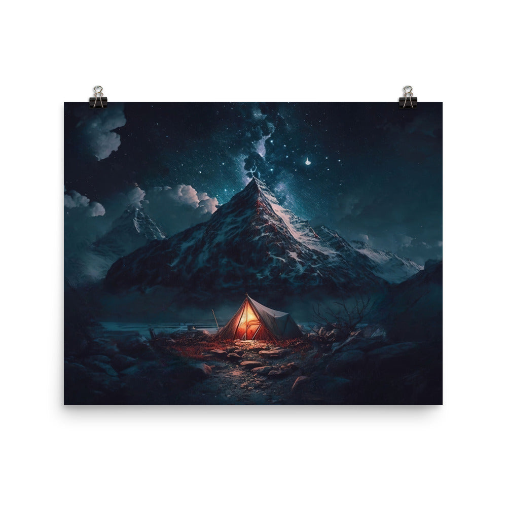 Zelt und Berg in der Nacht - Sterne am Himmel - Landschaftsmalerei - Poster camping xxx 40.6 x 50.8 cm