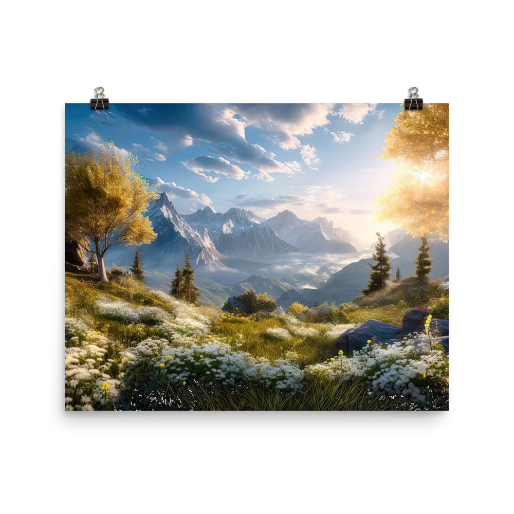 Berglandschaft mit Sonnenschein, Blumen und Bäumen - Malerei - Poster berge xxx 40.6 x 50.8 cm