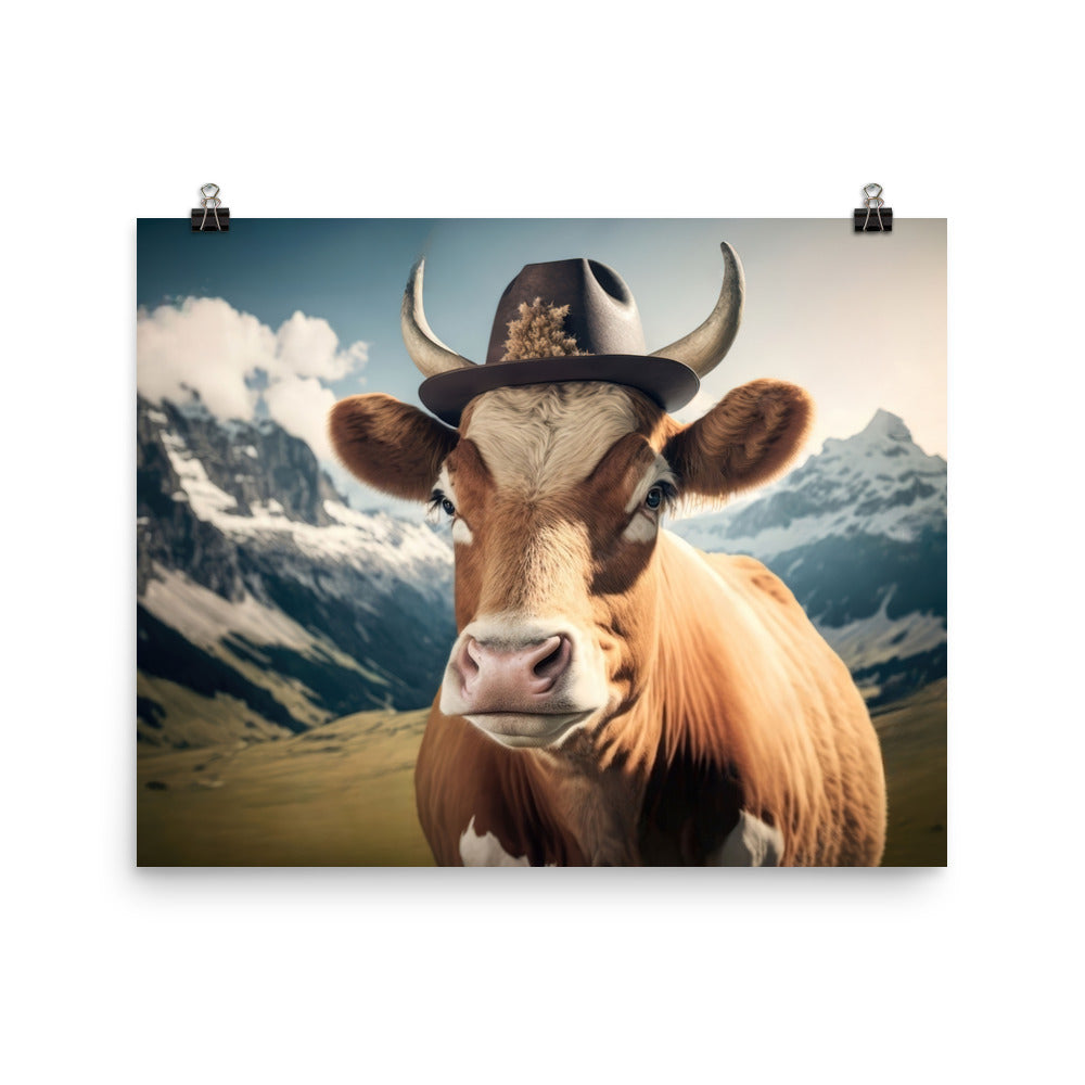 Kuh mit Hut in den Alpen - Berge im Hintergrund - Landschaftsmalerei - Poster berge xxx 40.6 x 50.8 cm