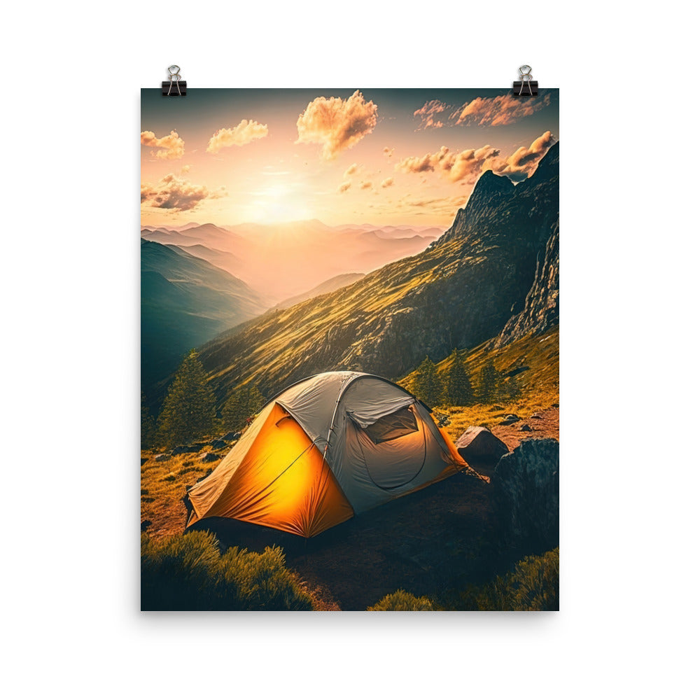 Zelt auf Berg im Sonnenaufgang - Landschafts - Poster camping xxx 40.6 x 50.8 cm