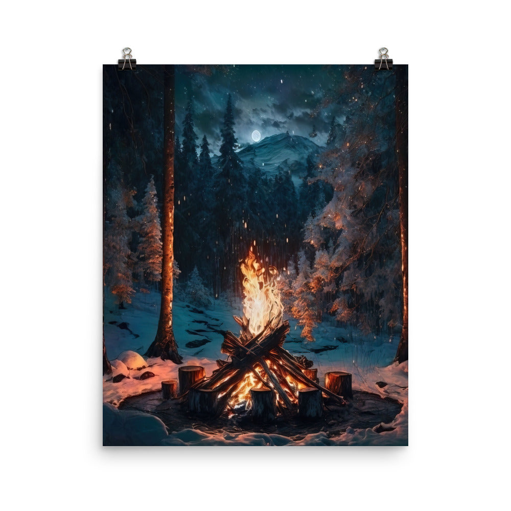Lagerfeuer beim Camping - Wald mit Schneebedeckten Bäumen - Malerei - Poster camping xxx 40.6 x 50.8 cm