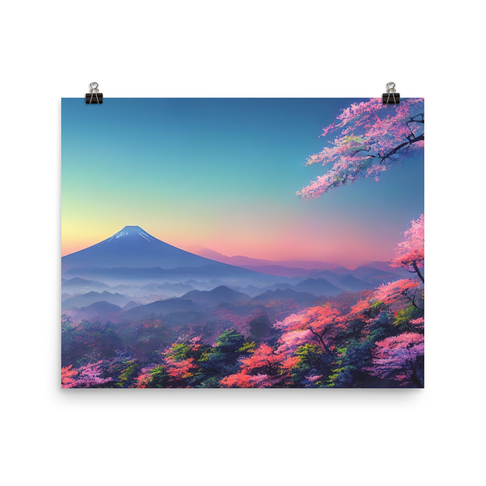 Berg und Wald mit pinken Bäumen - Landschaftsmalerei - Poster berge xxx 40.6 x 50.8 cm