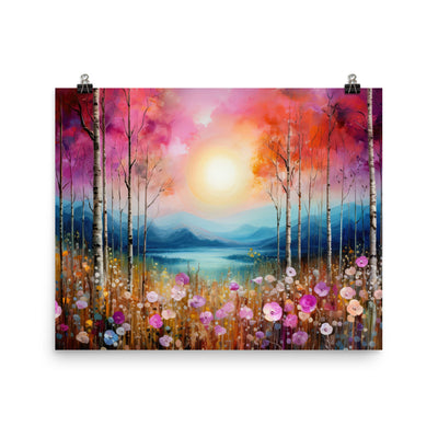 Berge, See, pinke Bäume und Blumen - Malerei - Poster berge xxx 40.6 x 50.8 cm