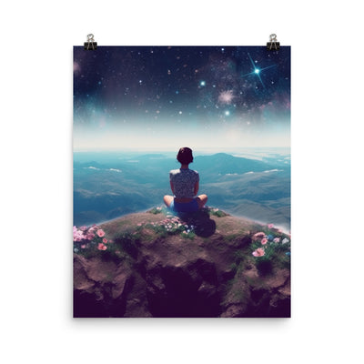 Frau sitzt auf Berg – Cosmos und Sterne im Hintergrund - Landschaftsmalerei - Poster berge xxx 40.6 x 50.8 cm