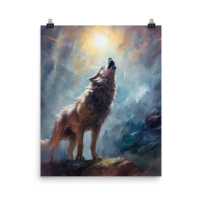 Heulender Wolf auf Berggipfel und Mond im Hintergrund – Abstrakte Malerei - Poster camping xxx 40.6 x 50.8 cm